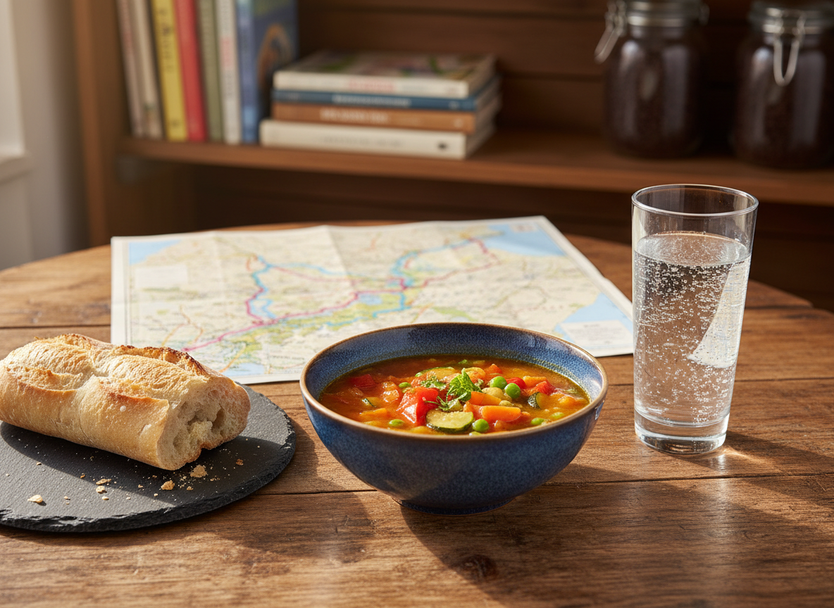 A rustic wooden café table holding a perfectly arranged weekend brunch set: a deep ceramic bowl of colorful vegetable soup, a crusty baguette on a small slate plate, and a glass of sparkling water with tiny bubbles catching the light. Behind them, a simple paper map of Japan is spread out, corners curling slightly, with a pastel-highlighted route. Soft late-morning sunlight streams through an unseen window, creating gentle reflections on the glass and subtle shadows on the wood grain. Photographic realism with a warm, playful mood, shot at eye level using the rule of thirds and a shallow depth of field so the distant shelves of travel books and jars of coffee beans melt into a creamy bokeh.