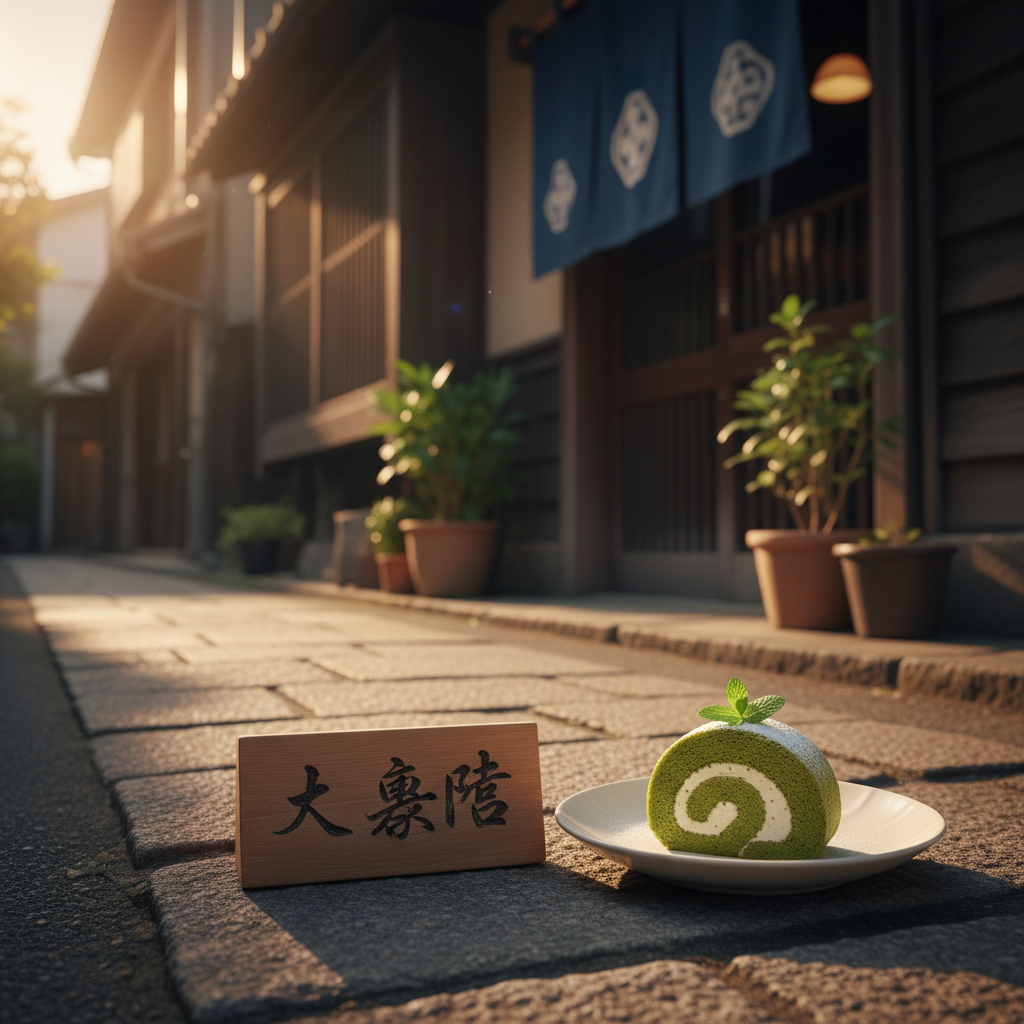 A narrow alleyway in a Japanese town, shot in photographic realism at ground level, where the main focus is a tiny wooden signboard in front of a cozy café. On the sign rests a single, meticulously plated dessert: a matcha roll cake on a white porcelain dish, garnished with a tiny mint leaf. The café’s weathered wooden exterior, potted plants, and hanging noren curtain blur softly in the background. Late afternoon golden light slants in from the alley entrance, creating long, whimsical shadows and a warm, nostalgic glow. The composition uses leading lines from the stone pavement toward the dessert, with a playful, inviting mood suggesting a secret weekend find.