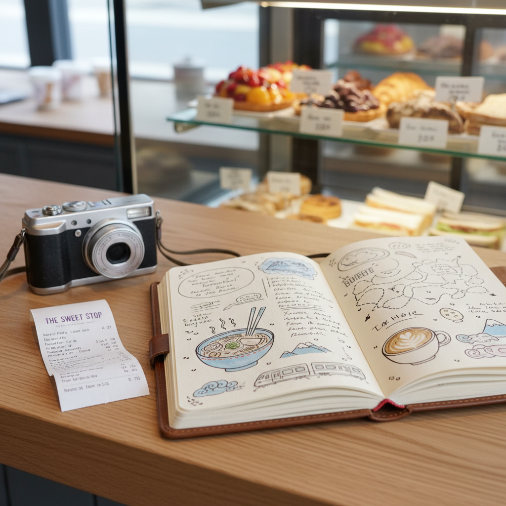 A neatly arranged travel journal open on a light oak café counter, its creamy pages filled with hand-drawn doodles of ramen bowls, coffee cups, and tiny train icons. Beside it rests a slightly weathered compact camera and a pastel-colored washi-taped receipt from a local bakery, corners lifting. In the background, a glass display case reveals blurred, colorful cakes and sandwiches. Soft overcast daylight filters through a large window, creating diffused, shadowless illumination. The photograph is composed from a slightly elevated angle, with intimate, playful energy, realistic textures, and a shallow depth of field that keeps the journal in sharp focus while the café interior gently fades into a soft blur.