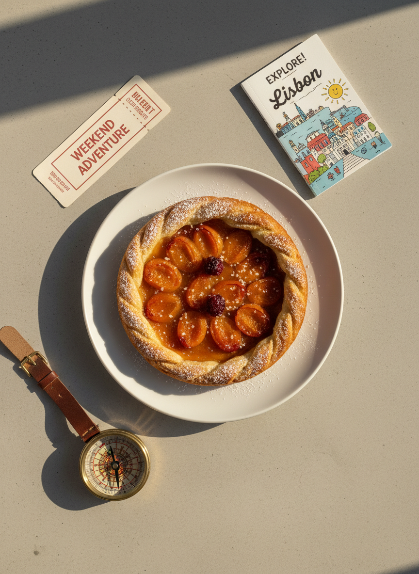 An overhead view of a freshly baked regional specialty tart placed at the center of a simple white ceramic plate on a light concrete table. Around it, scattered travel essentials: a folded train ticket, a compact city guidebook with a cute illustrated cover, and a small, vintage-style compass. The tart’s glossy fruit topping and delicate crust are rendered in precise photographic realism, with crumbs and powdered sugar details. Gentle afternoon window light falls from one side, casting soft, directional shadows that emphasize the textures. The atmosphere is curious and optimistic, suggesting the start of a weekend adventure, with a balanced, minimalist composition and plenty of negative space for playful blog text overlays.