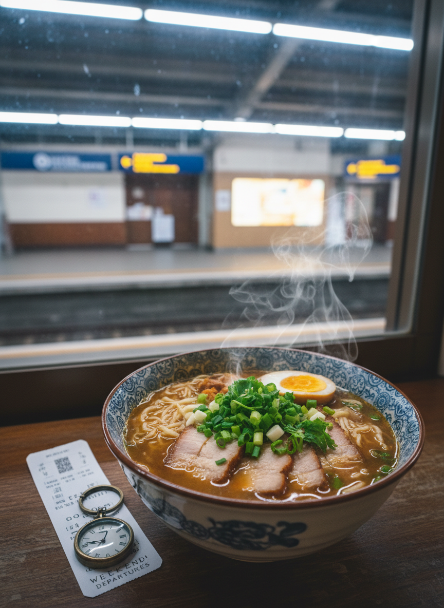 A close-up, photographic shot of a steaming local noodle dish on a small wooden counter inside a train station eatery. The ceramic bowl, decorated with traditional indigo patterns, overflows with colorful toppings: bright green scallions, a soft-boiled egg, and thin slices of pork. Beside it sits a simple paper ticket and a tiny clock-shaped keychain referencing weekend departures. Fluorescent station lights mix with a strip of natural daylight coming from a nearby platform window, creating subtle reflections on the broth’s surface. The mood is cozy and slightly nostalgic, captured from a slightly elevated angle with shallow depth of field so that distant platform signs and tracks dissolve into a muted, urban blur.